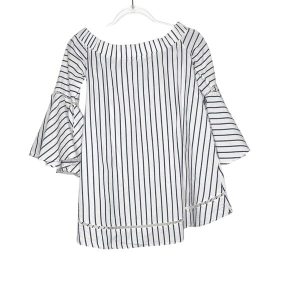 Striped Off The Shoulder Ruffle Bell Sleeve Blouse White Navy Womens Size Small - Picture 6 of 10